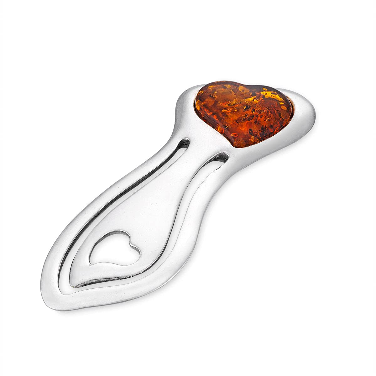 AMBEDORA Bookmark, Polished Sterling Silver with Protective Nanocoating, Amber Heart in Cognac Colour, Silver Bookmark with Amber Heart L. 5.7 cm