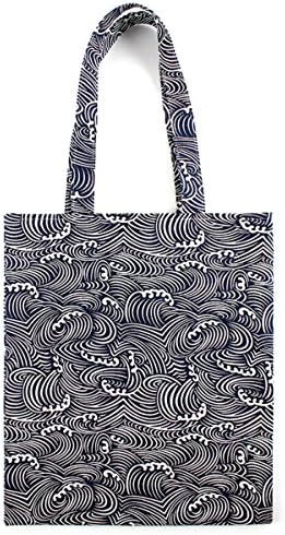 Chezi Women's Japanese Wave Pattern Cotton Reusable Foldable Canvas Tote Shopping Bag