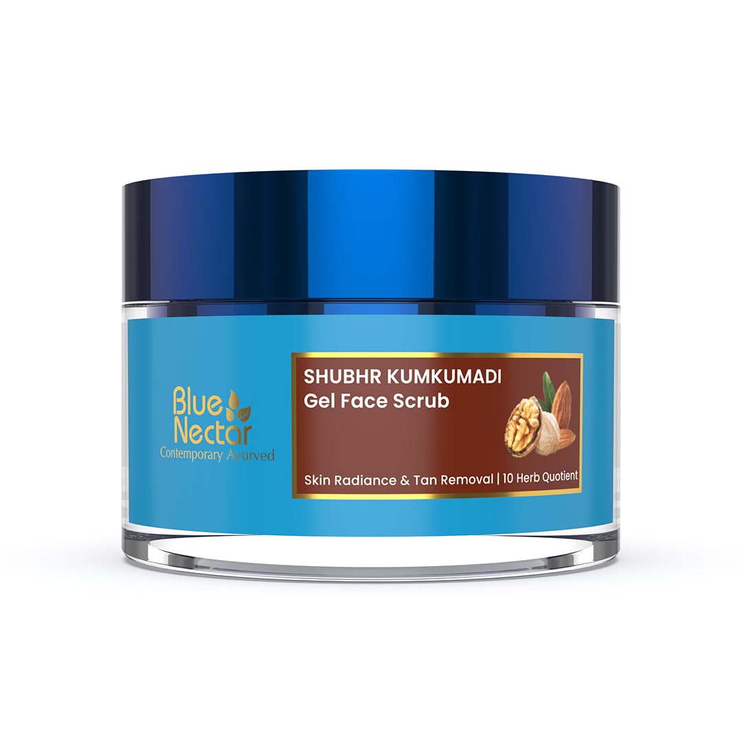 Blue Nectar Almond Oil and Walnut Gel Face Scrub for Deep exfoliation Tan removal and Glowing Skin (1.7 Oz, 10 Herbs)