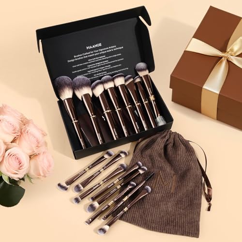MAANGE 16 Pcs Professional Makeup Brushes, Double Sided Foundation Powder Contour Blush Set Complete Set with Pouch and Gift Box (Coffee Brown)