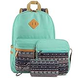 Plambag Canvas Backpack Set 3 Pcs, Casual Lightweight School Backpack for Women Teen Girls Water Blue