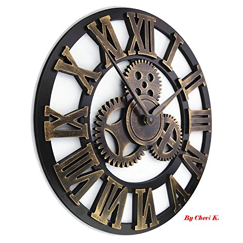 16" Round Wall Clock, Antique Handmade Wooden Vintage 3D Gear Design, By Chevy K. (Gold with Roman Numerals)