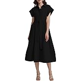 Womens Summer Shirt Dress Short Wing Sleeve Button Down Midi Shirts Dresses with Belt