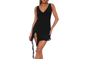 MIYIEONZ Women Sleeveless Sexy V Neck Bodycon Mini Dress Summer Side Slit Mesh Irregular Ruffle Hem Backless Short Dress