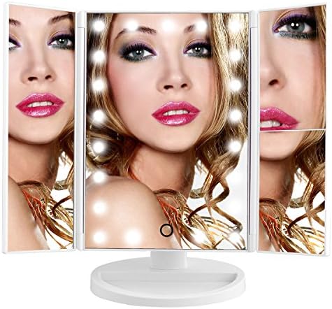 FIYCUTE Tri-Fold Lighted Makeup Mirror Three Panel 21Pcs Led Light 180 Degree Free Rotation Countertop Cosmetic with 3X/2X/1X Magnification Makeup Mirror