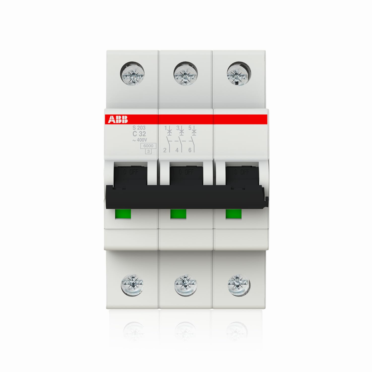 ABB S203-C32 Miniature Circuit Breaker, 3 Pole, Type C, 6/10kA Breaking Capacity, 32 Amp Current (2CDS253001R0324)