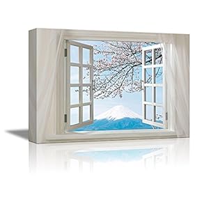 Glimpse into Cherry Blossom with Mountain Fuji from Afar Out of Open Window - Canvas Art Wall Art - 24" x 36"