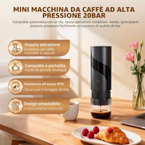 Travel Coffee Maker Compatible with 3.5 x 2.8 cm Capsules and Ground Coffee, 3 in 1 Portable Coffee Machine with 100 ml Water Tank, Capsule Coffee Maker for Espresso 20Bar Refillable