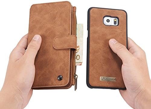 Galaxy S6 Edge Plus Case, Galaxy S6 Edge Plus Wallet Case, Hoosam(TM) Leather wallet case Large Capacity 14 Slots Detachable 2-in-1, Button + Zipper + Magnet , for samsung Galaxy s6 Edge plus (Brown)