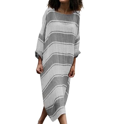 CUTUDE Damen Kleider Röcke Kurzarm Sommerkleider Frauen Plus Size Freizeit Leinen Lose Flügelhülse Streifen Drucken Lange Max