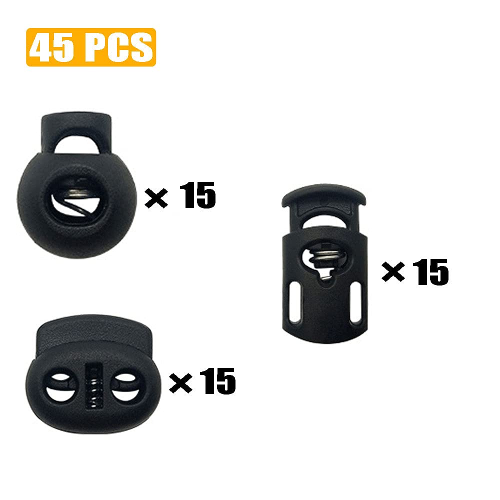 Jneoace 45 Pcs Plastic Cord Locks End Spring Stopper, Spring Cord Toggle for Drawstrings, Bags, Mask Adjustment, Clothing, Black