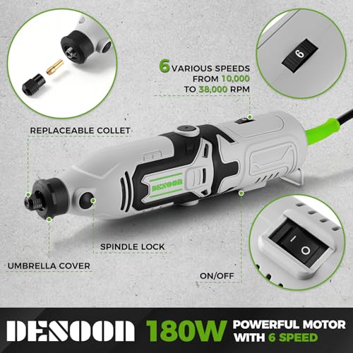 DESOON Multifunction Tool 170W 145 Accessories 6 Speed 10000-38000RPM Mini Electric Rotary Drill, 3.2mm Chuck, Flexible Shaft for Engraving, Drilling, Cutting, Grinding