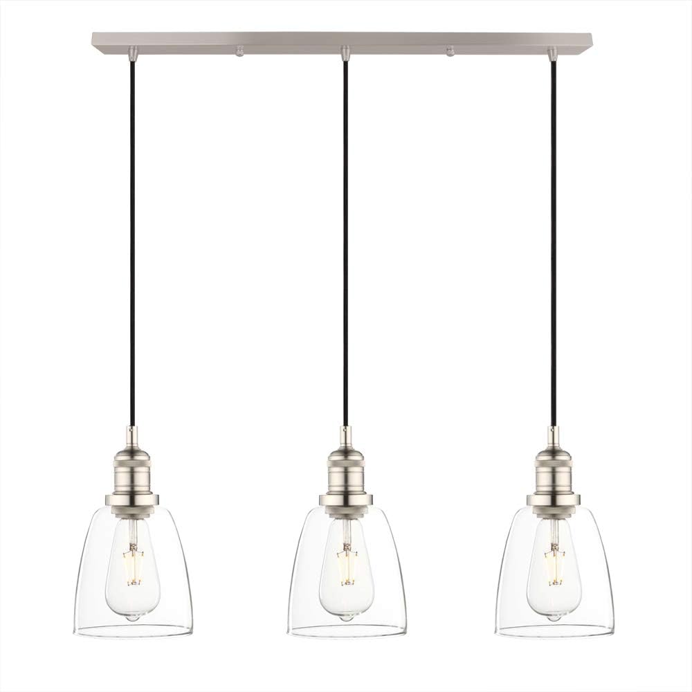 Phansthy Retro 3 Head Chandelier Pendant Light with 2m Adjustable Hanging Cord Bell Glass Shade Ceiling 3 Light Modern Hanging Lamps for Kitchen Bar Bedroom Living Room Dining Room (Brushed)