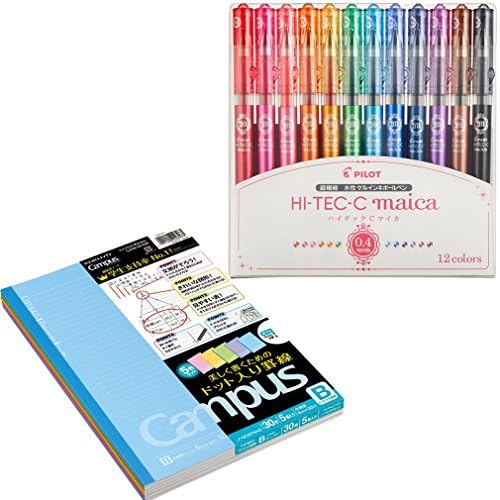 Pilot Hi-Tec-C Maica Gel Ballpoint Pen, 12 Color Set, Fine (LHM180C4-12C) + 1 X Kokuyo Campus Todai Series Pre-Dotted Notebook - Semi B5 - 6 mm - 35 Lines X 30 Sheets - Pack of 5 Cover Colors
