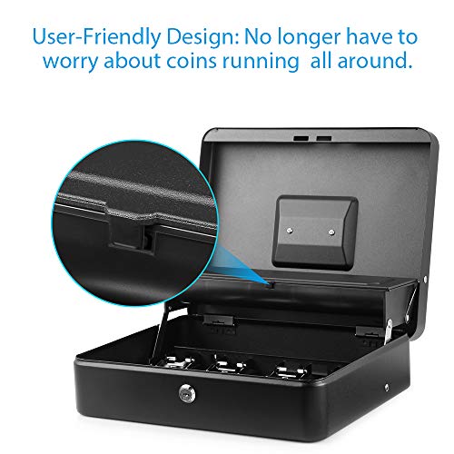 INFUN Cash Box with Money Tray and Lock, Durable Large Steel Money Boxes for Adults, Black Petty Cash Box (Cash Box with Coin lid)