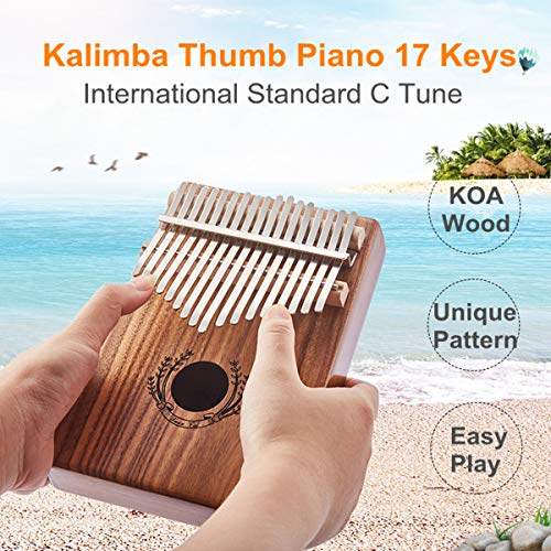 Kalimba Thumb Piano 17 Keys Acacia KOA Wood Musical Instrument Toy with Portable Carry Bag Tuning Hammer Instruction Book Cloth Mbira Hand Finger Piano for Beginner Kids Children Adults Music Lover