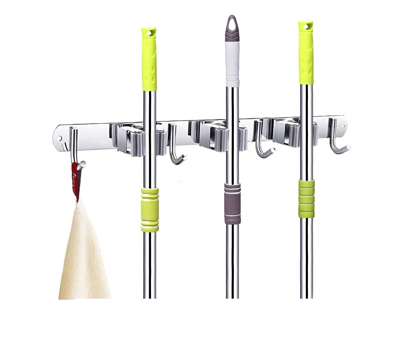 Voarge Stainless Steel Broom and Mop Hanger with 3 Holders and 4 Hooks for Brush and Mop, Organizer Tool Holder for Home, Kitchen, Garages, Grey