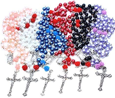 Hertos Religious Roman Catholic Rose White Pearl Glasses Beads Rosary Crucifix Cross for Men Women Children Parents Baptism Confirmation Communion Wedding Gifts (White)
