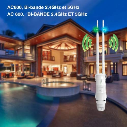 MECO Wifi Répéteur Extérieur et Intérieur, Wireless Outdoor Point d\'accès, Portée Atteint à 1 km, 802,11b/g/n AC600, Bi-bande 2,4GHz et 5GHz