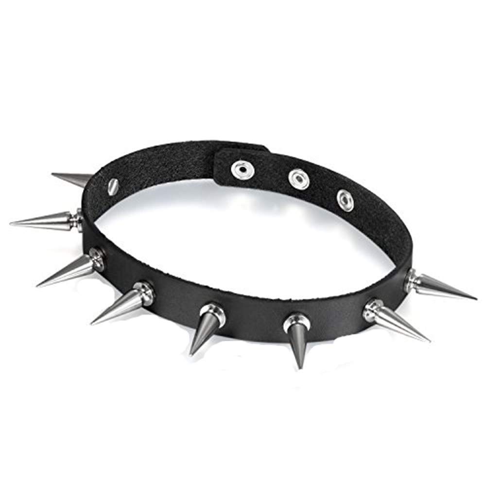 Flongo Gothic Black Leather Spiked Rivet Necklace Neckband, Womens Mens Spike Studded Punk Rock Adjustable Choker Collar