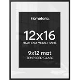 Homeforia 12x16 Black Picture Frame, High-End Metal, 9x12 Mat, Glass | High End Aluminum, Tempered Glass, Acid-Free 9x12 Removable Mat, 12x16 in Edge-to-Edge Display 16x12, Wall Kit, Set Of 1