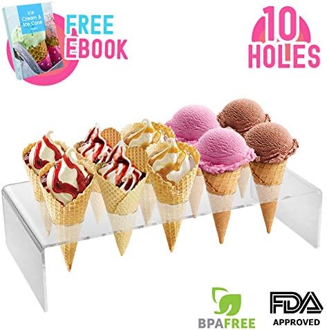 Clear Acrylic Mini Ice Cream Cone Holder Stand 10 Holes to Display Snow Cones Sushi Hand Rolls Popcorn Candy French Fries Sweets Savory, Ice Cream Recipe Ebook Included