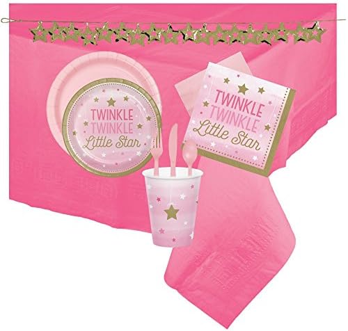Pink Twinkle Twinkle Little Star 140pc Party Supply Pack for 16 Guests! Baby Shower/Birthday Bundle Includes - Plates, Napkins, Cups, Cutlery, Table Cover and Confetti Garland!