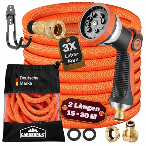 GARDEBRUK® Flexibler Gartenschlauch 15m 3fach Latexkern Vollmessing Adapter 1/2' 3/4' Zoll Wandhalterung Tasche Flexschlauch Wasserschlauch Orange