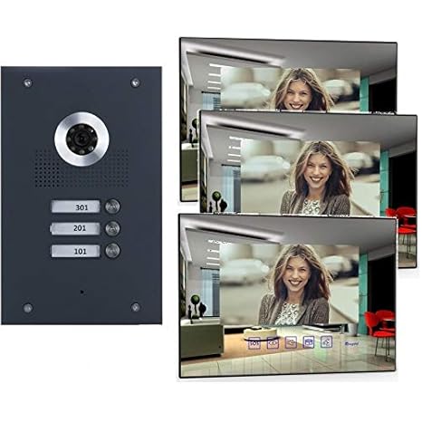 3-Familienhaus Video-Türsprechanlage mit Kamera, Monitor spiegel (Frontblende in Edelstahl RAL 7016 Anthrazit), Fischaugenkam