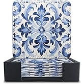 Coasters for Drinks with Holder, Intricate Blue and White Floral Pattern Square Coaster for Tabletop Protection, 6Pcs Coasters for Home Decor