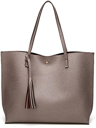 Simple Design PU Leather Womens Shoulder Bags Top-Handle Tassel Handbag Tote Purse Bag DarkGold