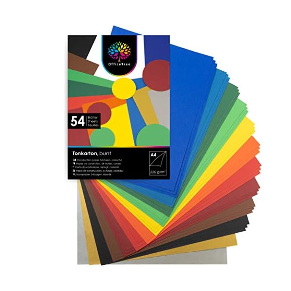 OfficeTree 54 x Tonkarton A4 Bunt - 220g Bastelkarton Bunt - 10 Farben - Bunte Pappe zum Basteln und Gestalten - Plus 2 Gold- und 2 SilberbÃ¶gen