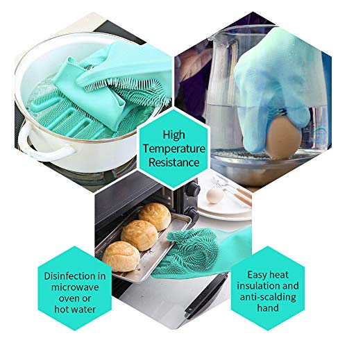 Magic Silicone Cleaning Gloves Dishwashing Scrubber - 1 Pair Reusable Dish Wash Scrubbing Sponge Gloves with Bristles, Great for Washing Dish, Kitchen, Car, Bathroom. 2PACK (Green)
