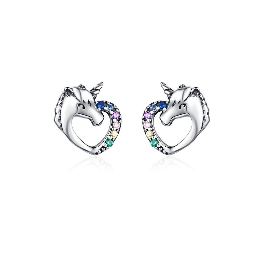 Belons Girls Unicorn earrings, 925 Sterling Silver Womens Stud Earrings Heart Shape with Colorful Cubic Zirconia, Gift for Girlfriend, Daughter, Niece