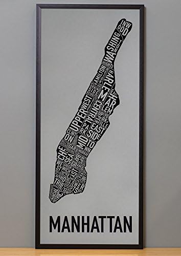 Framed Manhattan Neighborhoods Map Art Screen Print, Grey &amp; Black, 13" x 30" in Black Frame