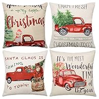 Wiwaplex Merry Christmas Pillow Covers, 4Pack Christmas Throw Pillow Covers with Christmas Tree Dog Santa Claus Red Truck Pattern Cotton Linen Xmas Throw Cushion Case for Home Decoration 18 x 18 inch