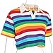 Women Rainbow Stripes Printed T-Shirt Korean Style Turn-Down Collar Crop Tops (L)