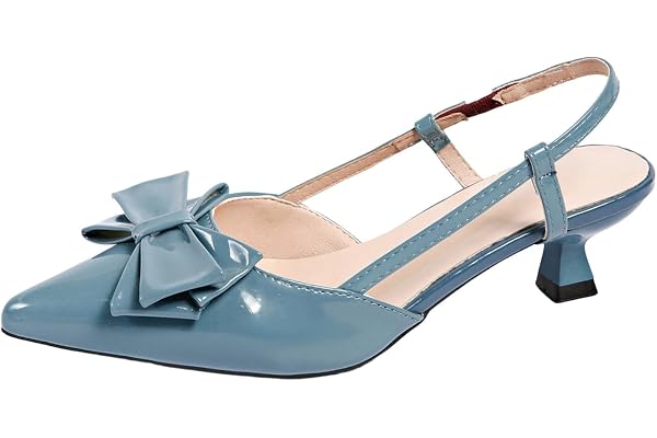 Women Low Kitten Heel Dress Shoes, Ladies Bowknot Open Back Pumps with Buckle, Dressy Business Office Work High Heels