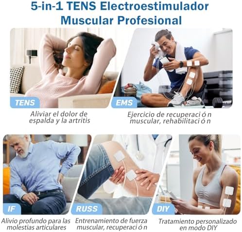 Estimulador Muscular Profissional 5 em 1, 80 Modos de Estimulação Recarregáveis, Com Função TENS/EMS/RUSS/IF/DIY e Massagem, 2 Canais, 16 Intensidade, Para Alívio da Dor (Branco)