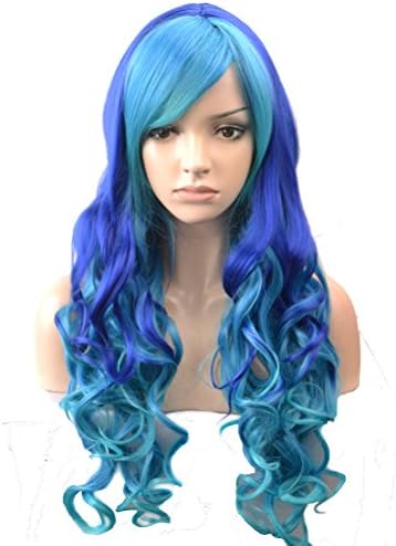 TKEKON Long Curly Mix Blue Color Wigs Cosplay Costume Party Wigs for Women Girls Come with Wig Cap (Mix Blue)
