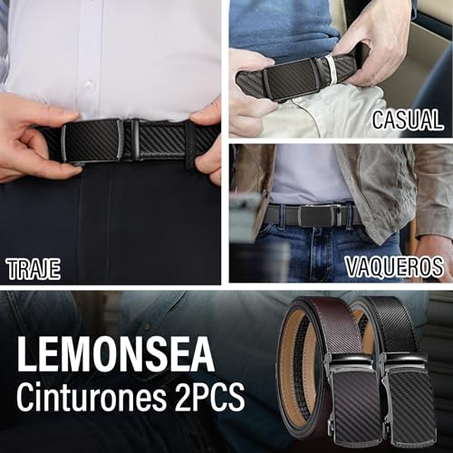 LEMONSEA Cinturones Hombre, 2 Piezas Cinto Hombre, Cinturon Hombre con Hebilla Automática Ajustable, Cinturones Hombre Piel para Traje, Estilo Casual y Vaqueros