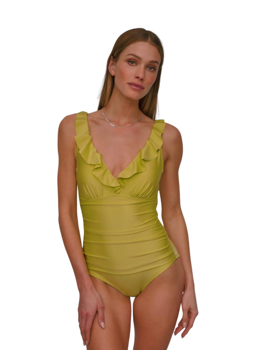 DKNY Women’s Ruffle V-Neck One Piece Swimsuit with Tummy Control, Pear Shimmer, X-Large