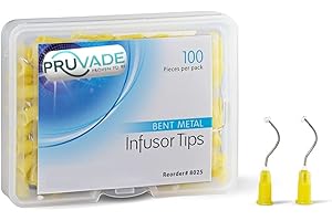 Pruvade Dental Metal Infusor Tips - 100 Pack - Pre Bent Dispensing Needles 19 Gauge, Disposable Metal Infusor Delivery Tips Yellow with Padded Brush End, Dental Disposable Tips