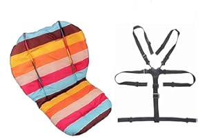 Twoworld Baby High Chair Seat Cushion Liner Mat Pad Cover Rainbow Striped Water Resistant and High Chair Straps (5 Point Harness) 1 Suit