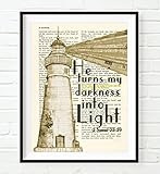 He turns my darkness into Light - 2 Samuel 22:9 Christian UNFRAMED reproduction art PRINT, Lighthouse Vintage Bible verse scripture gift, 8x10 inches