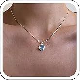 TseanYi Oval Sapphire Pendant Necklace Light Blue Crystal Pendant Necklaces Silver Box Chain Necklace Minimalist Blue Moonstone Gemstone Charm Necklaces