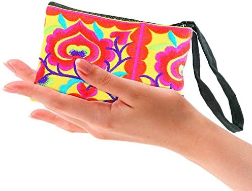 Zipper Bag Wristlet Flower Embroidered Purse 5.8 Inch (Yellow)