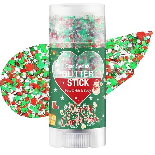 Christmas Body Glitter Stick, Red Green and White Face Glitter Accessories, Waterproof Face Hair Glitter Makeup, Christmas Glitter Makeup for Kids and Women