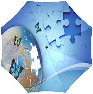 Autism Awareness Puzzle Pieces Pattern Folding Portable Outdoor Rain/Sun Umbrella Beach Travel Shade Sunscreen For Women/Men