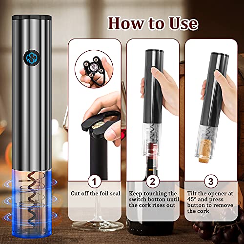 Delicacy Electric Wine Opener Set,Rechargeable Wine Opener Set with Charging Base,One-click Button Wine Bottle Corkscrew Opener with Wine Pourer, Vacuum Stopper and Foil Cutter (Batteries Included)